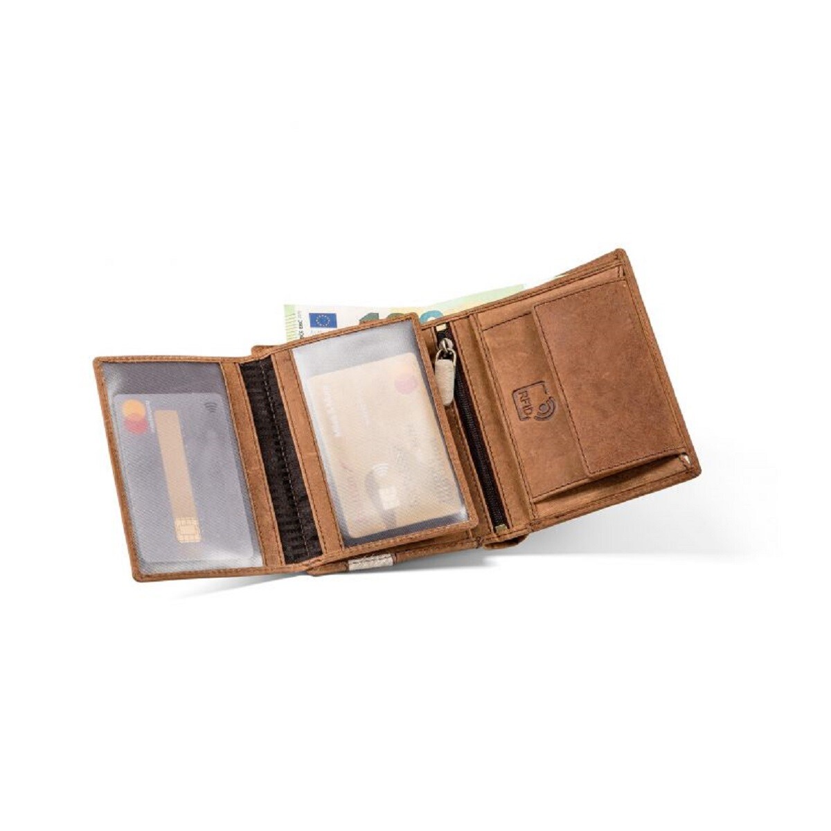 Fellhof Geldbörse Wikkos hoch hellbraun 3 Fächer mit Sichtfolie