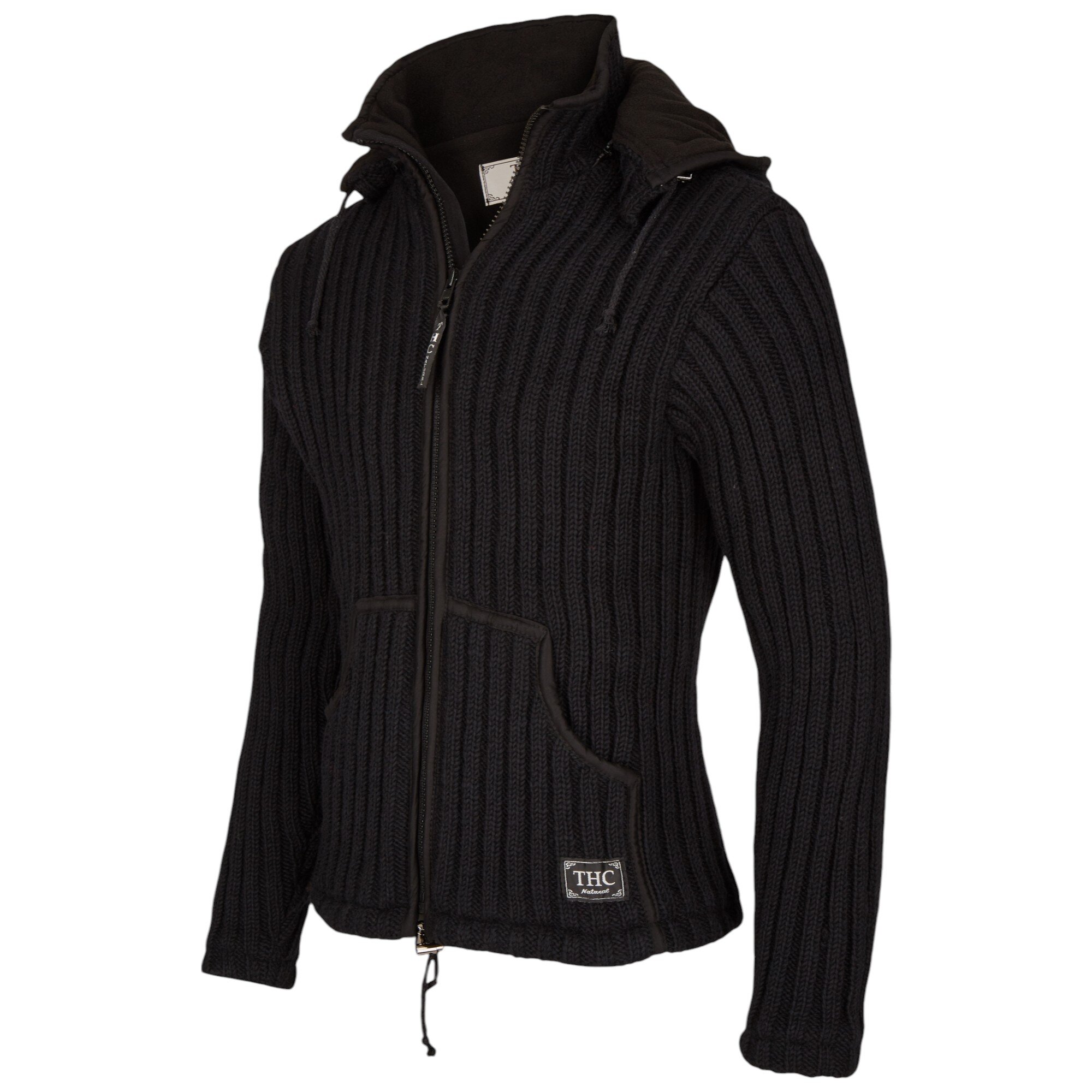 Seitliche Aufnahme THC Schafwoll Strickjacke schwarz (Modell 721) 