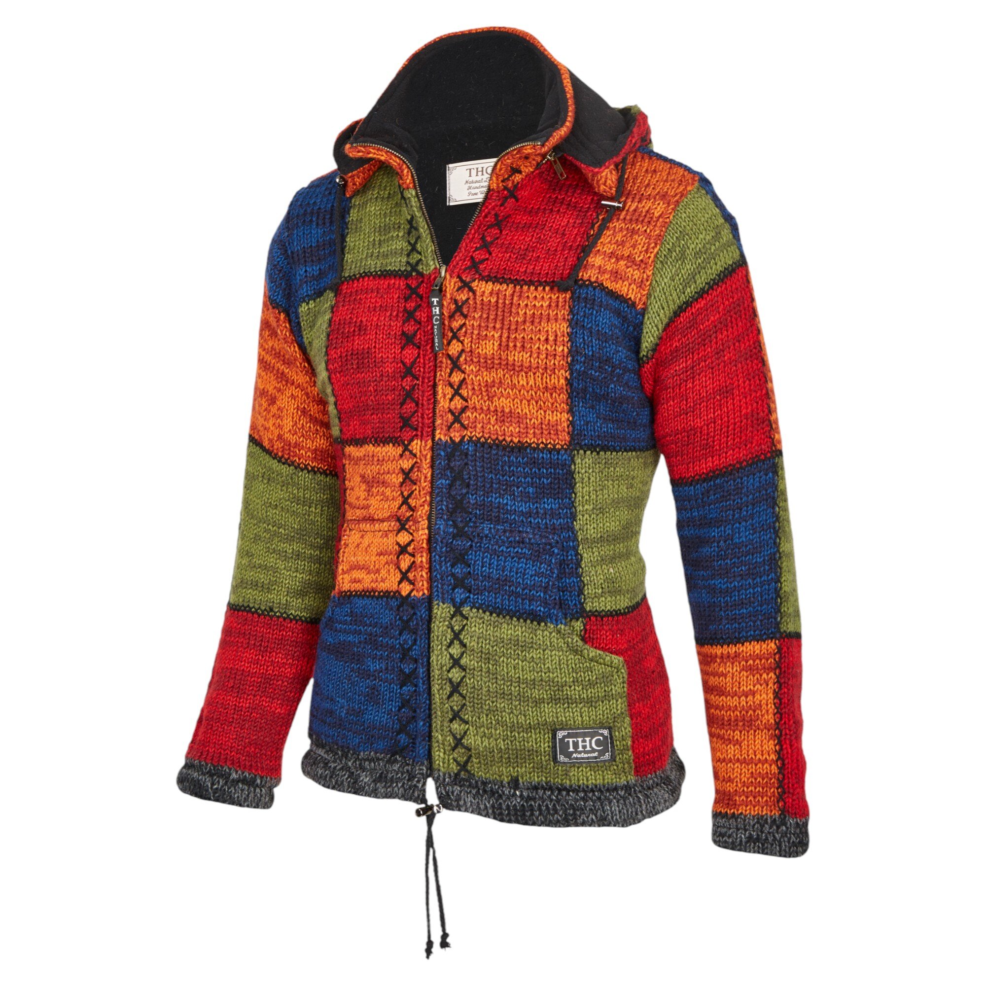 THC Schafwoll Strickjacke bunte Quadrate (Modell 814) von der Seite