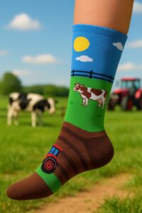 AbgeStrumpft Socke Traktor mit Kühe im Hintergrund