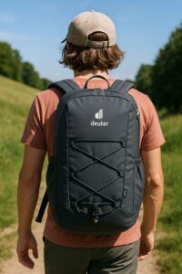 Mann trägt Deuter Gogo Rucksack im Sommer beim Wandern
