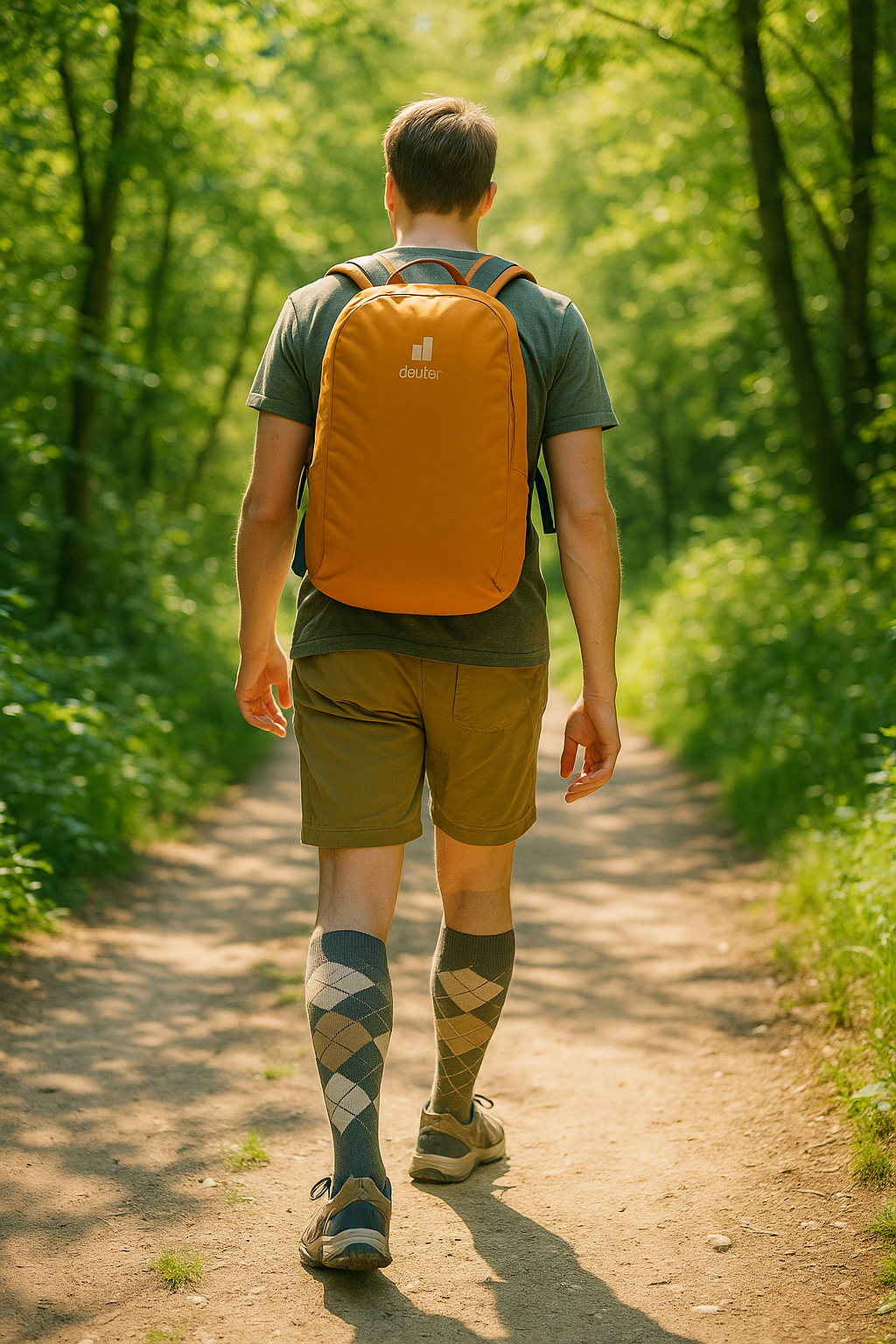 Mann mit Deuter Yort 15 Lifestyle Rucksack und Alpaka Karosocken