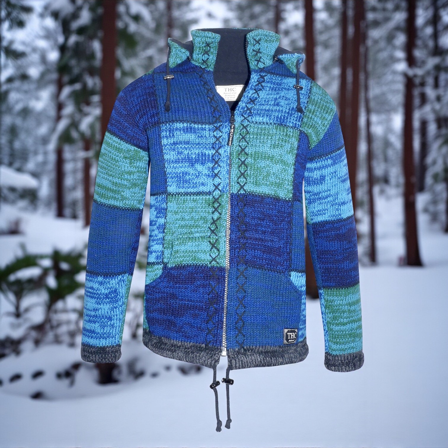 Schafwollstrickjacke blaue Quadrate 806 5