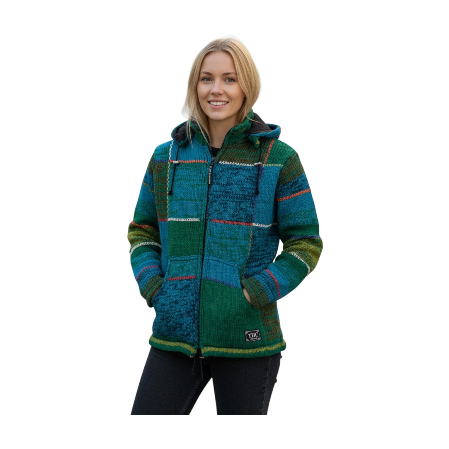 THC Strickjacke 826 Quadrate grün blau 7