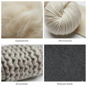 verschiedenen Wollarten Alpaka, Merinowolle, Schurwolle