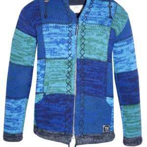Schafwoll Strickjacke blaue Quadrate (Model 806)