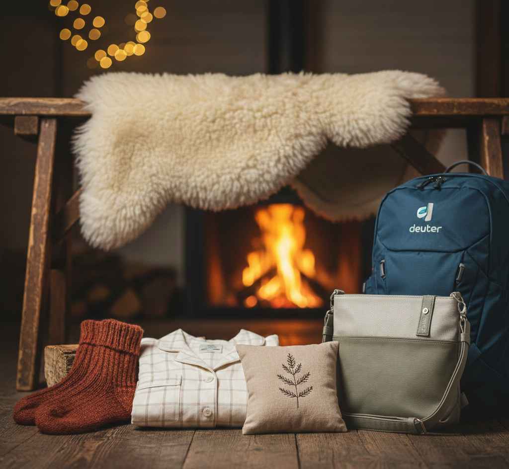 Wohlbefinden Essentials neues Jahr: Stilvolles Stillleben mit Zwei Handtasche, Deuter Rucksack, Pyjama und Zirbenkissen für Komfort und Organisation 2026.