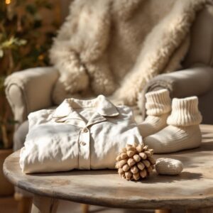 Wohlbefinden Essentials neues Jahr: Pyjama, Zirbenzapfen, Wollsocken und Schaffell für mehr Komfort und Erholung.