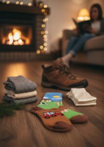 Warme Wollsocken und Bambussocken für Bewegung sowie lustige Motivsocken für gute Laune und Traktorfans im neuen Jahr.